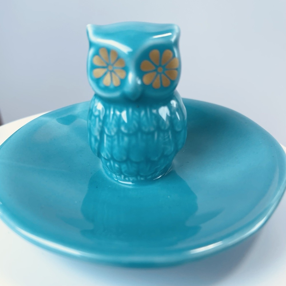 Ceramic Blue Owl Round Trinket Jewelry Holder Dish
